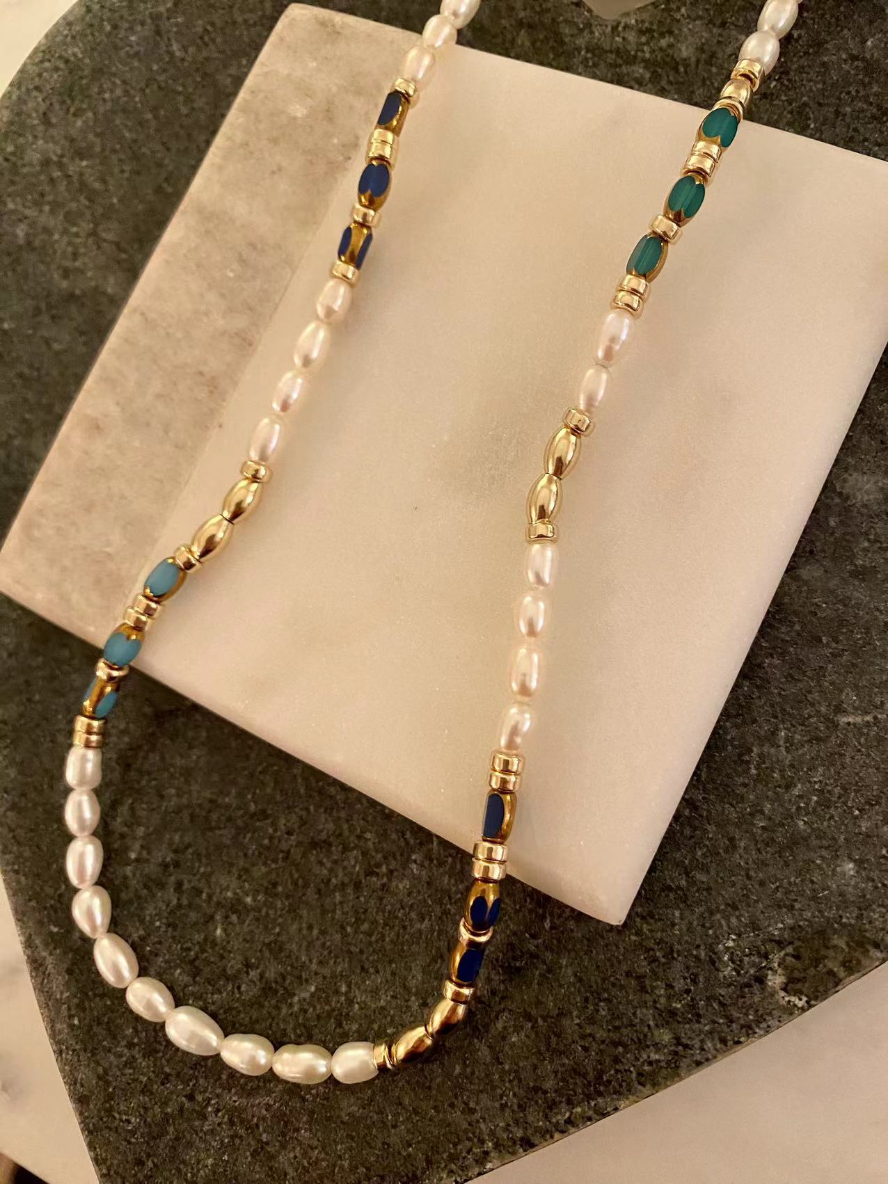 Peacock - Pearl and Gold Edge Porcelain 14K Gold-Filled Beaded Necklace