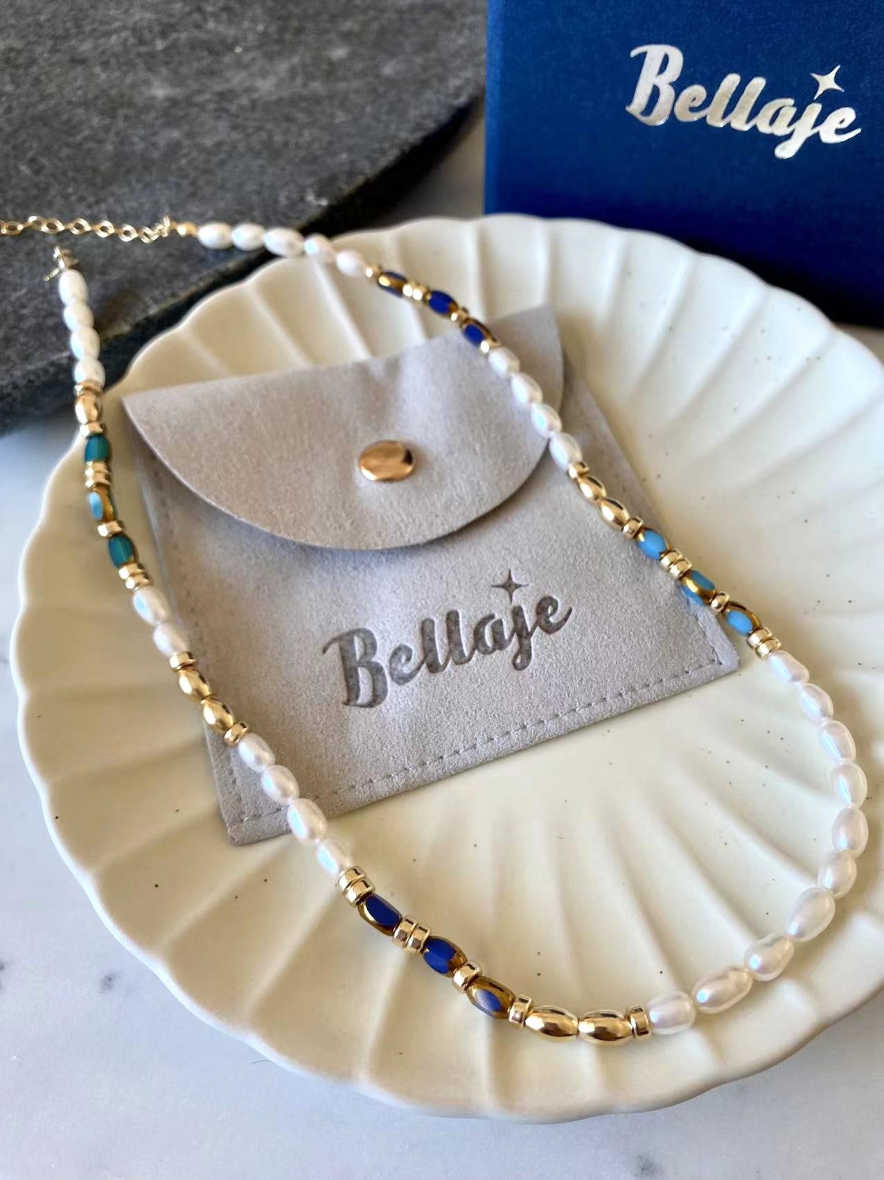 Peacock - Pearl and Gold Edge Porcelain 14K Gold-Filled Beaded Necklace