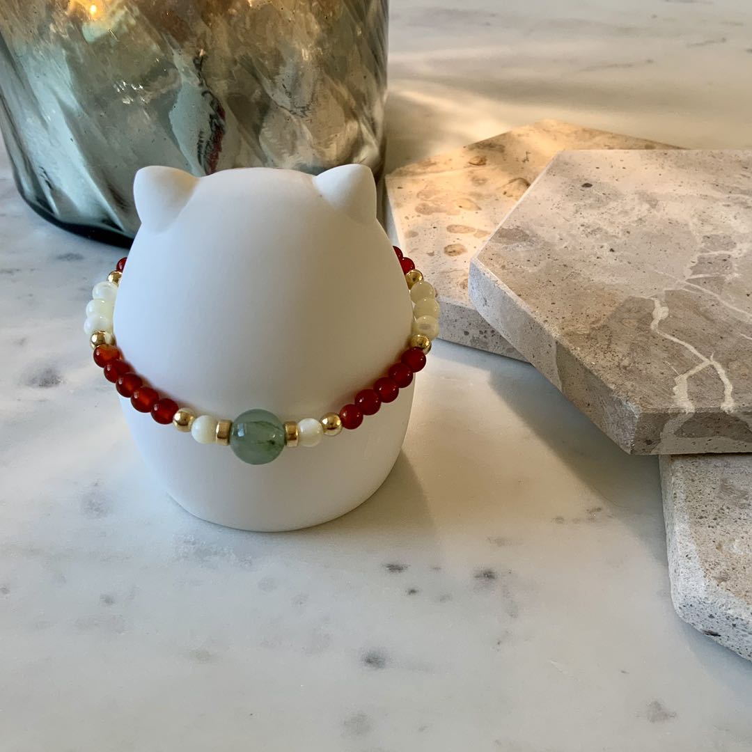 Jade - 8mm Jade and 4mm Red Onyx Beaded Gold Filled Bracelet