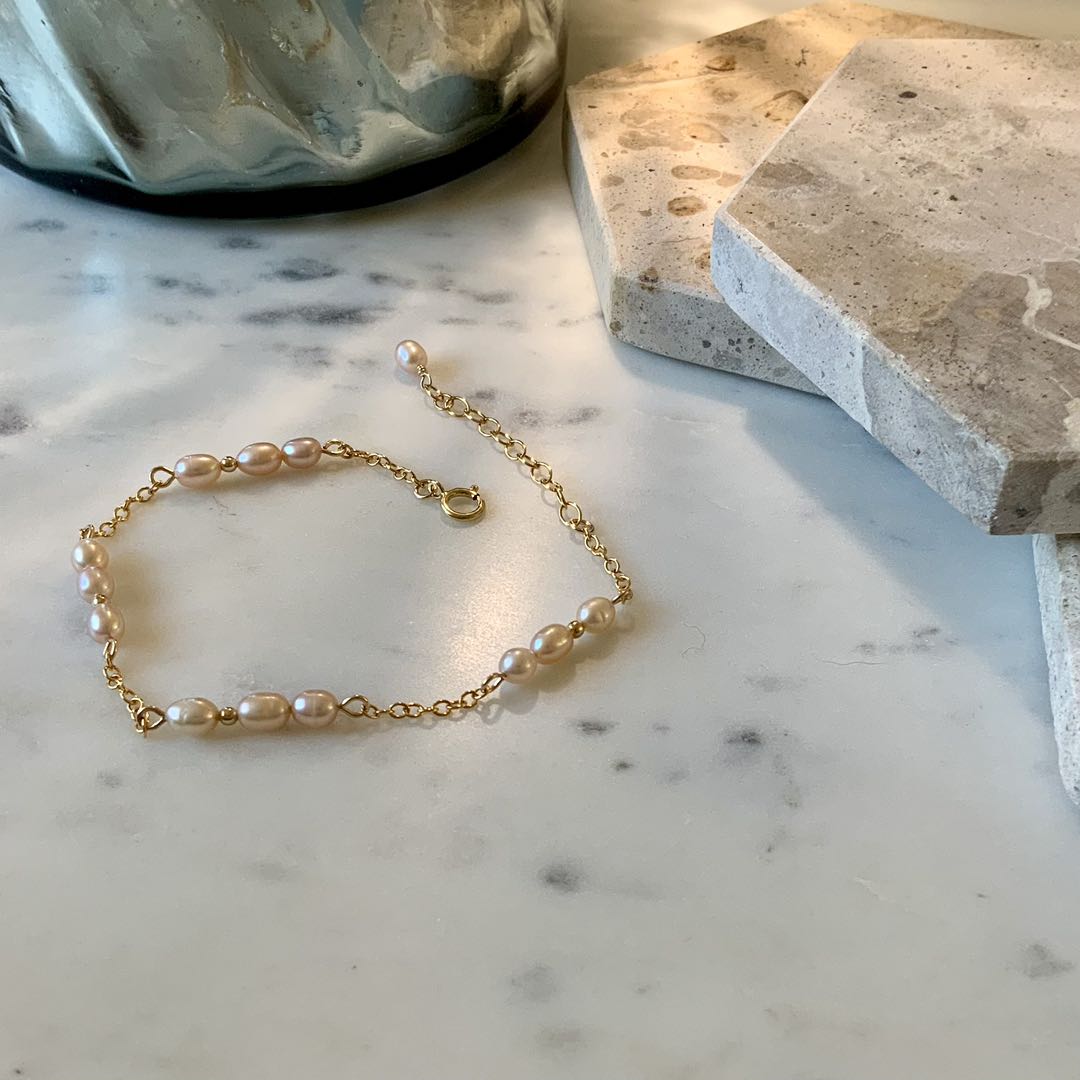 Romance - Freshwater Pink Pearl Station Gold Filled Bracelet