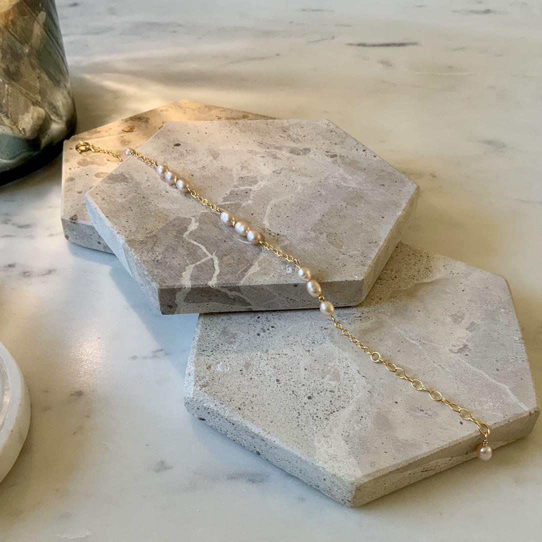 Romance - Freshwater Pink Pearl Station Gold Filled Bracelet