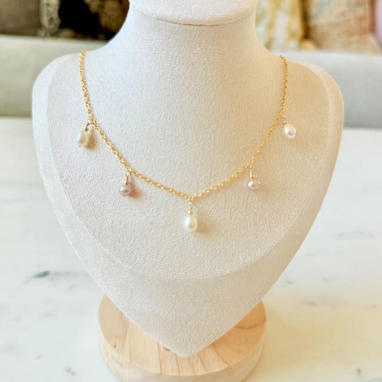 Romance - Natural Teardrop Pearl 14K Gold Filled Bridal Station Necklace