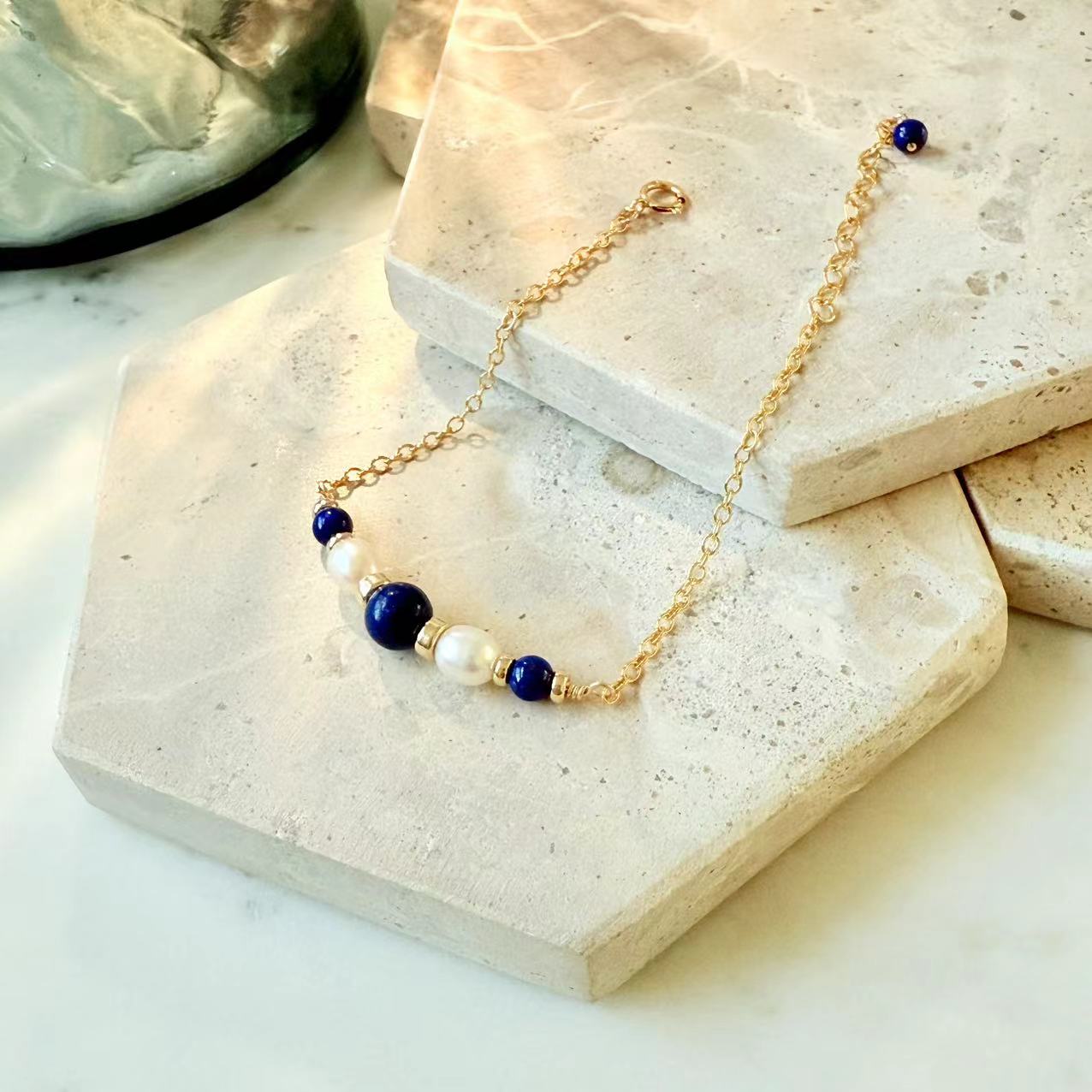 Art Deco - Lapis and Freshwater Pearl 14K Gold-Filled Bracelet