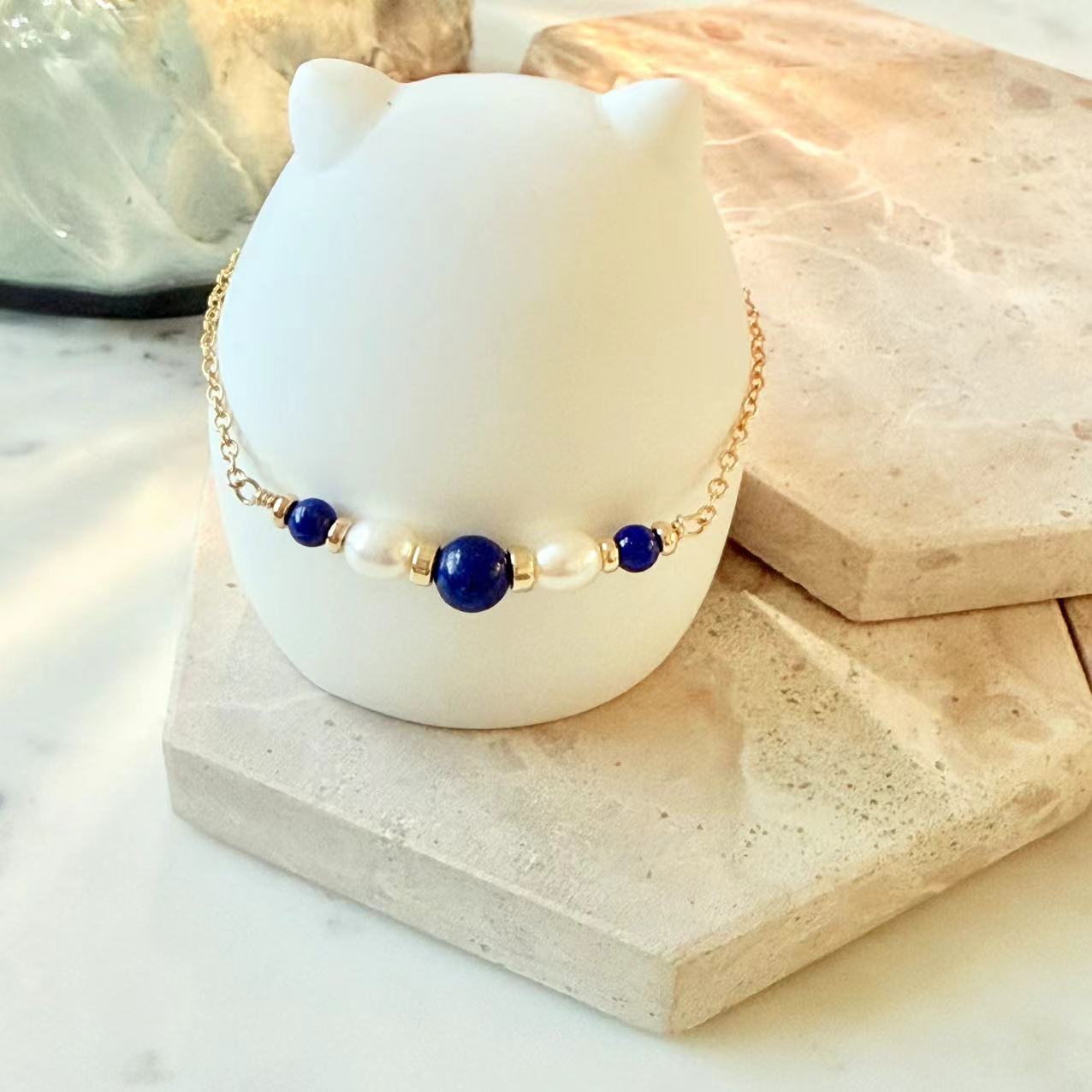 Art Deco - Lapis and Freshwater Pearl 14K Gold-Filled Bracelet