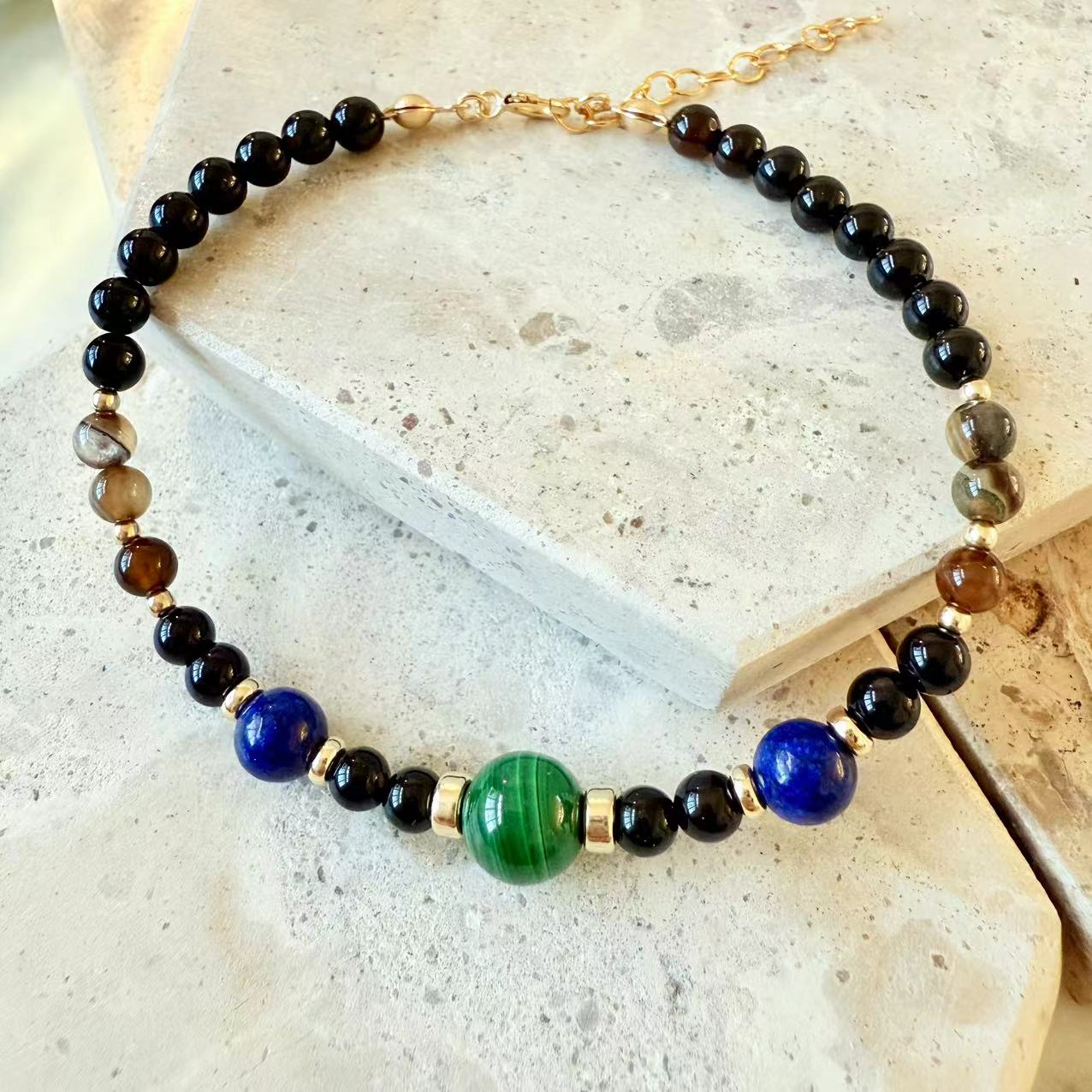 Malachite - Malachite, Lapis, and Black/Coffee Onyx 14K Gold-Filled Beaded Bracelet