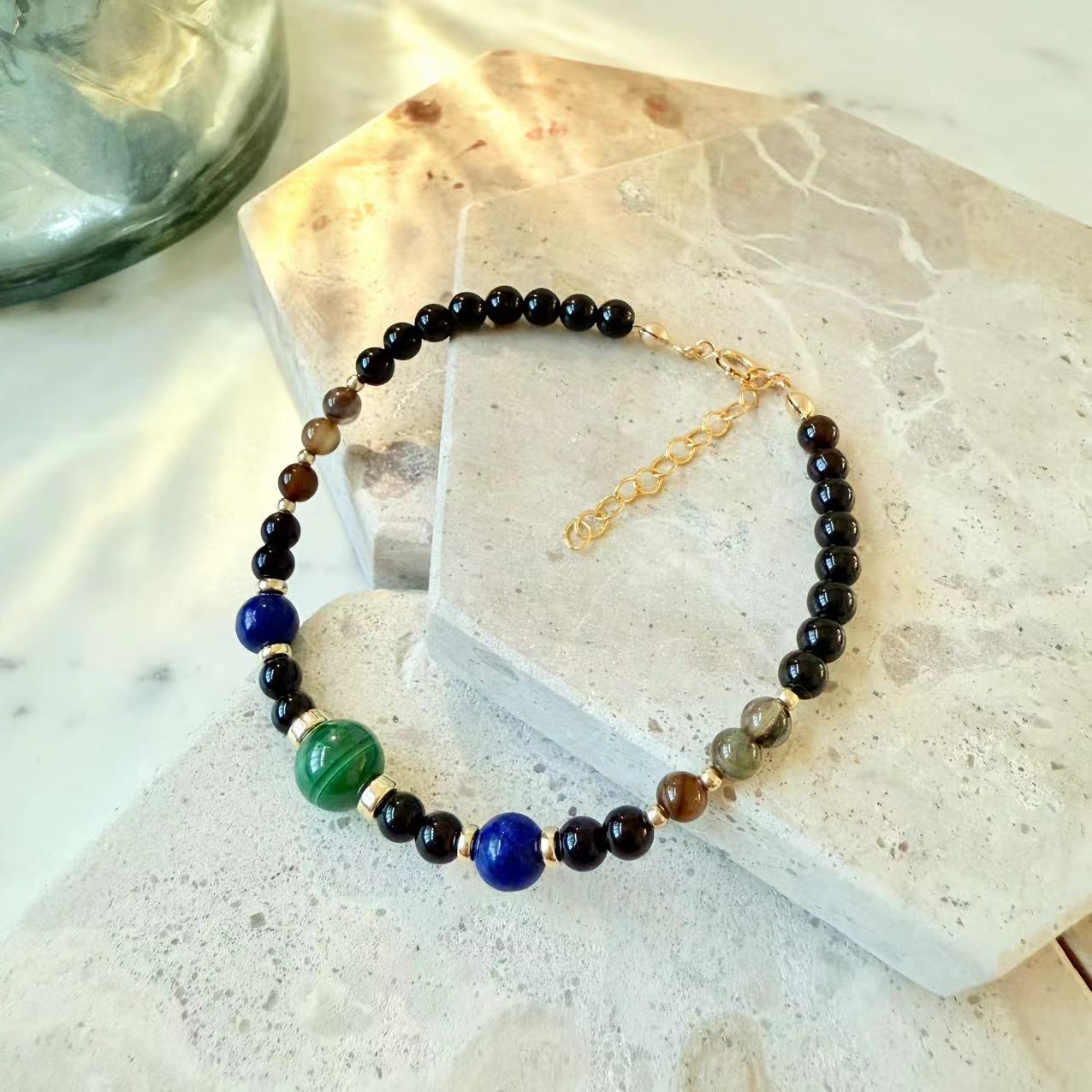 Malachite - Malachite, Lapis, and Black/Coffee Onyx 14K Gold-Filled Beaded Bracelet