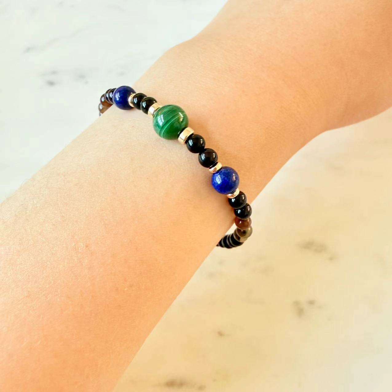 Malachite - Malachite, Lapis, and Black/Coffee Onyx 14K Gold-Filled Beaded Bracelet