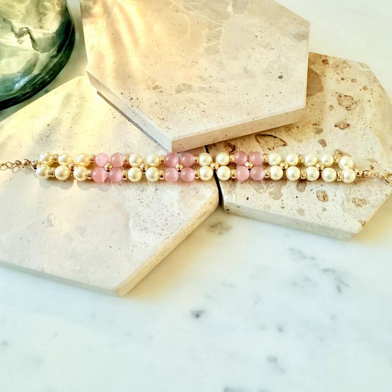 Romance - 6mm Swarovski Pearl and Pink Cat Eye 14K Gold-Filled Beaded Bracelet