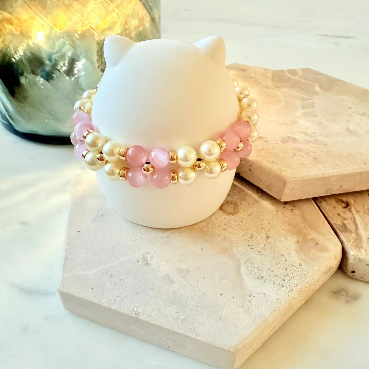 Romance - 6mm Swarovski Pearl and Pink Cat Eye 14K Gold-Filled Beaded Bracelet