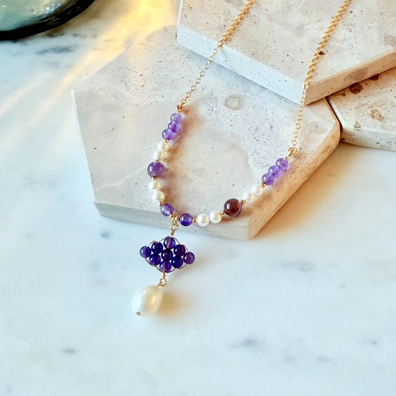 Baroque - Amethyst and 12mm Teardrop Pearl 14K Gold-Filled Necklace