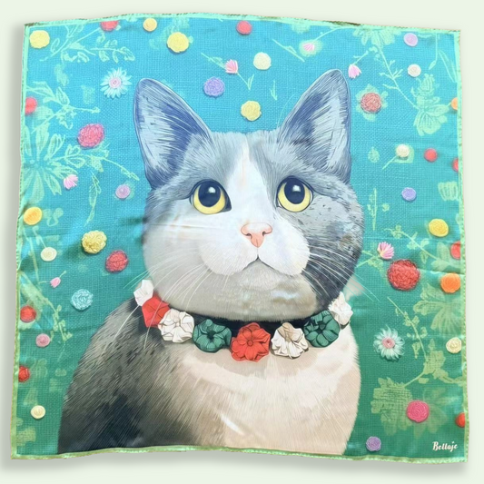 27" Square Scarf - Round Face Cat with Floral Crochet