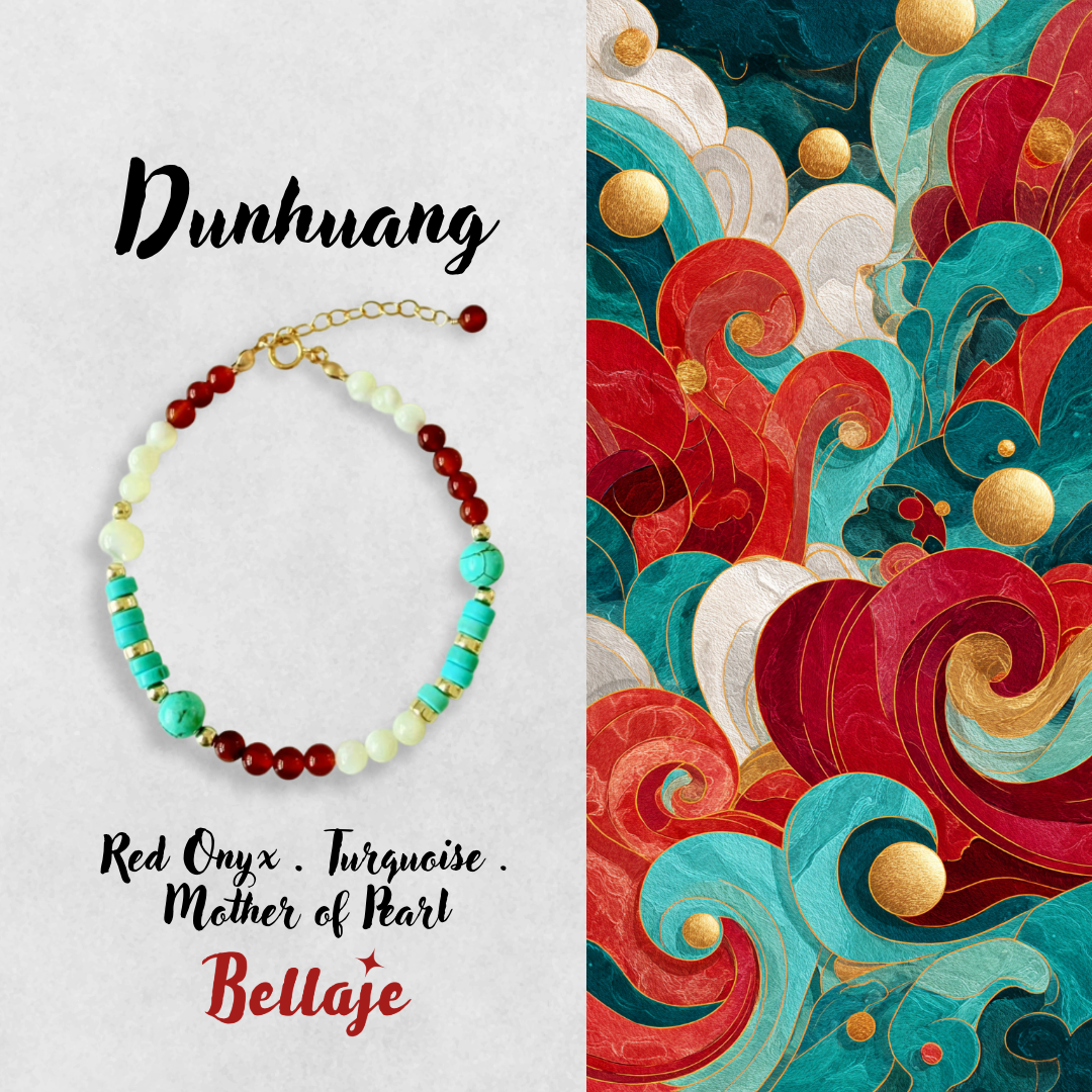 Dunhuang - Red Onyx, Turquoise, and Mother of Pearl Beaded Bracelet
