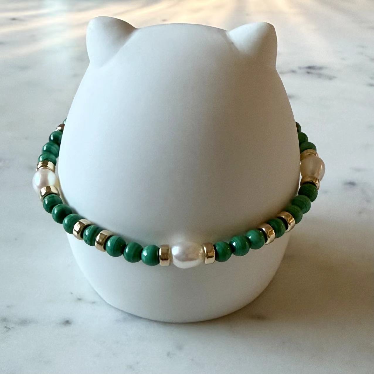 Malachite - 4mm Malachite and Freshwater Pearl 14K Gold-Filled Beaded Bracelet
