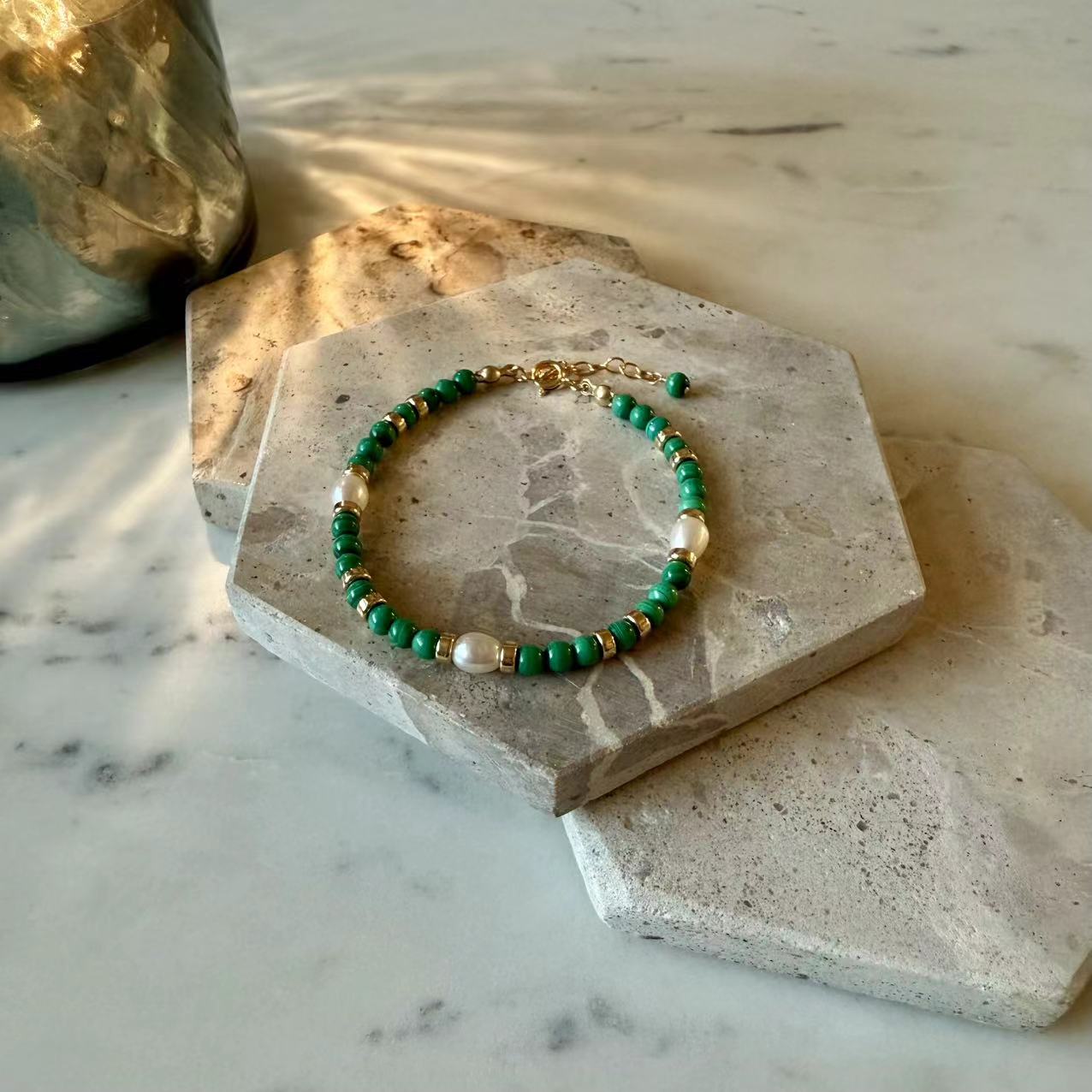 Malachite - 4mm Malachite and Freshwater Pearl 14K Gold-Filled Beaded Bracelet