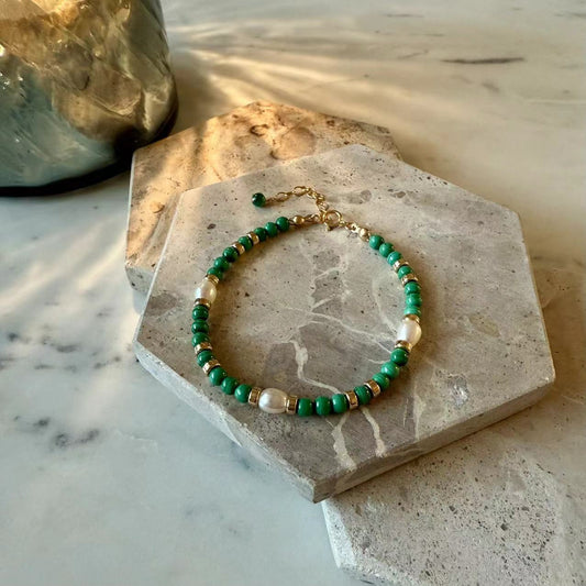 Malachite - 4mm Malachite and Freshwater Pearl 14K Gold-Filled Beaded Bracelet