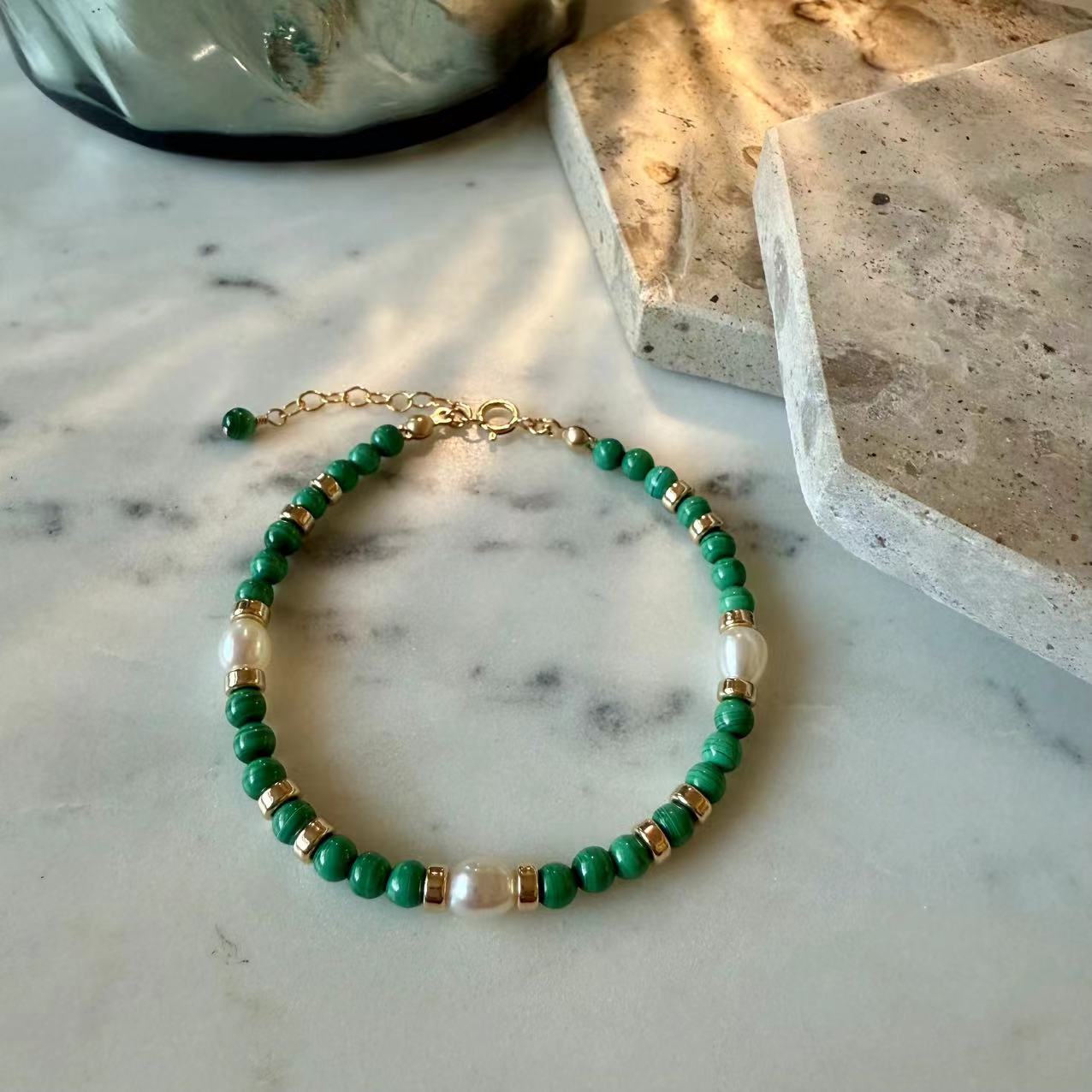 Malachite - 4mm Malachite and Freshwater Pearl 14K Gold-Filled Beaded Bracelet