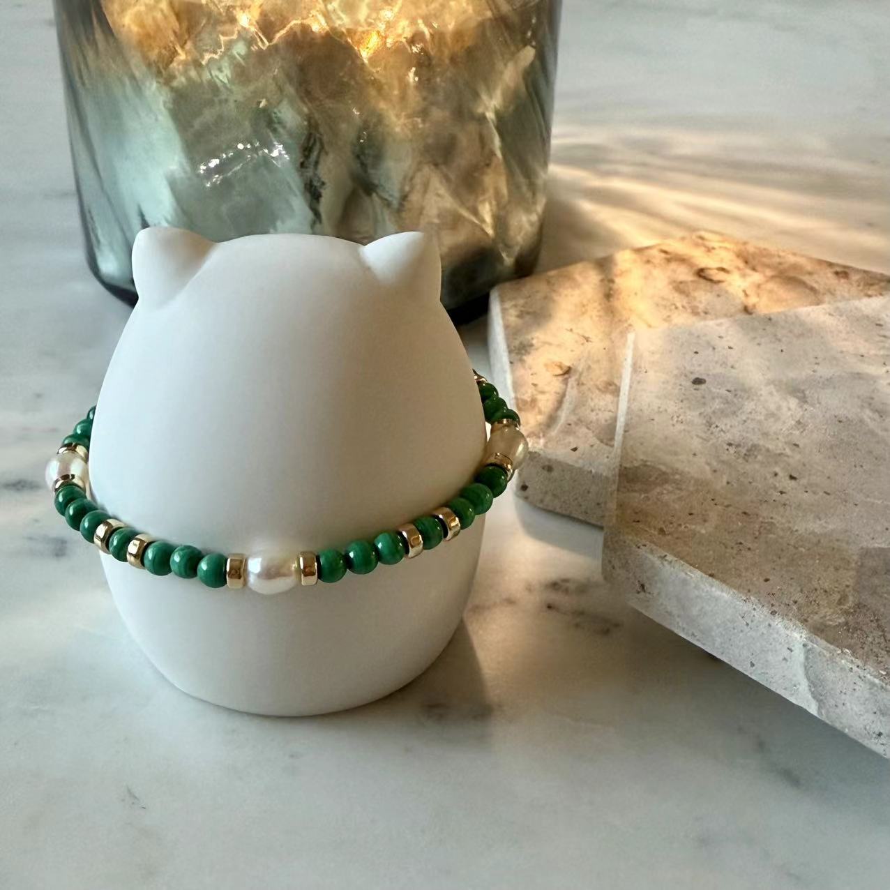 Malachite - 4mm Malachite and Freshwater Pearl 14K Gold-Filled Beaded Bracelet
