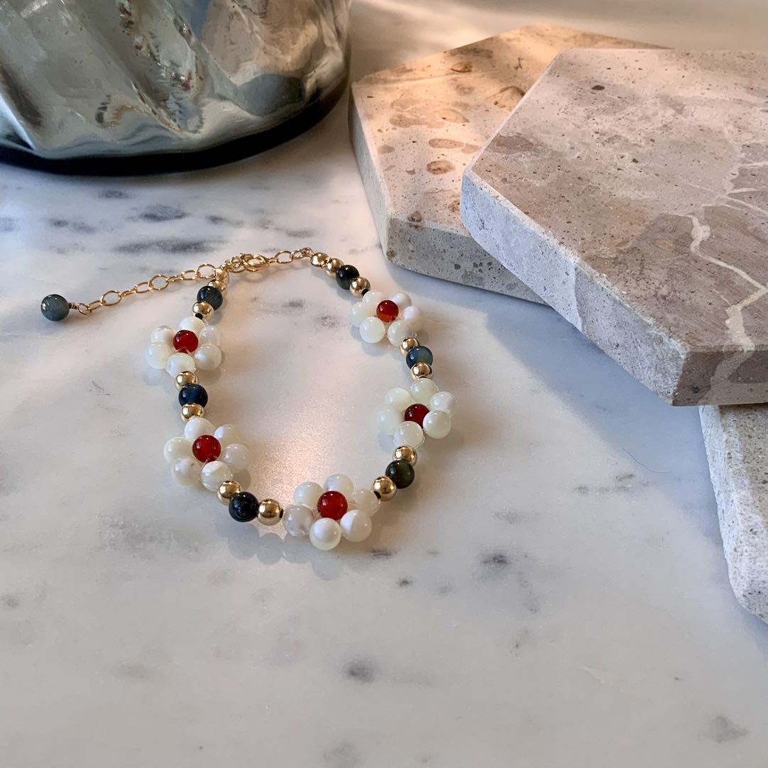 Daisy - Mother of Pearl, Tiger's Eye, and Red Onyx Gold Filled Beaded Bracelet