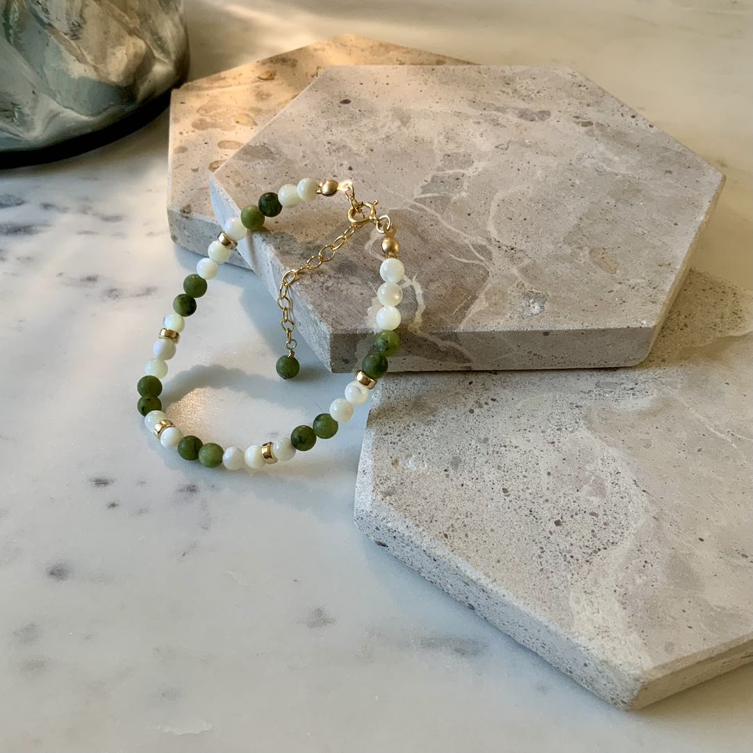 Jade - Jade and Mother of Pearl Beaded Gold Filled Bracelet
