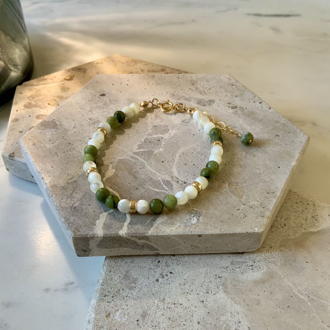 Jade - Jade and Mother of Pearl Beaded Gold Filled Bracelet
