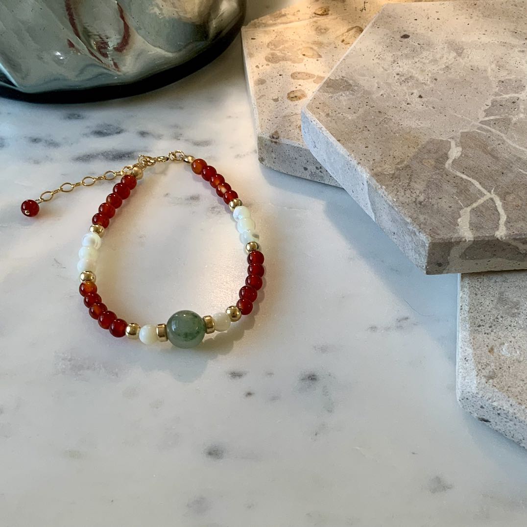 Jade - 8mm Jade and 4mm Red Onyx Beaded Gold Filled Bracelet