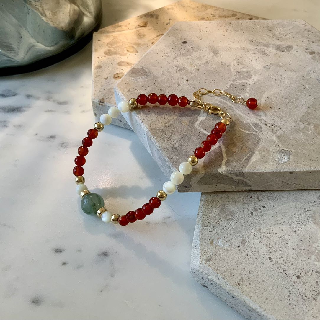 Jade - 8mm Jade and 4mm Red Onyx Beaded Gold Filled Bracelet