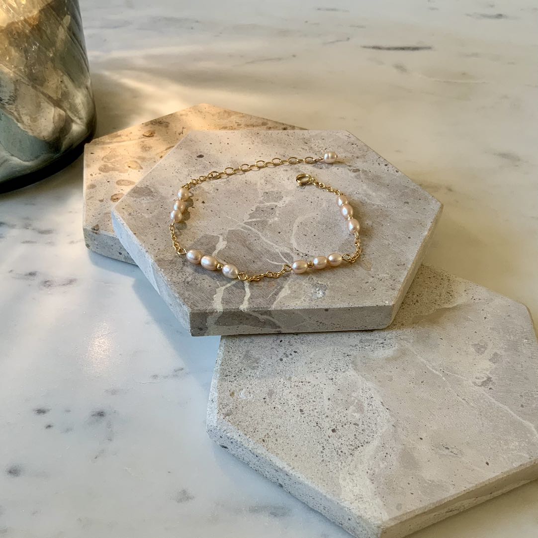 Romance - Freshwater Pink Pearl Station Gold Filled Bracelet