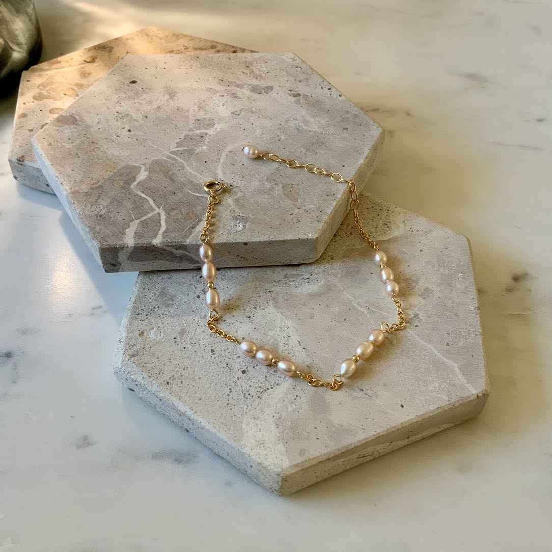 Romance - Freshwater Pink Pearl Station Gold Filled Bracelet
