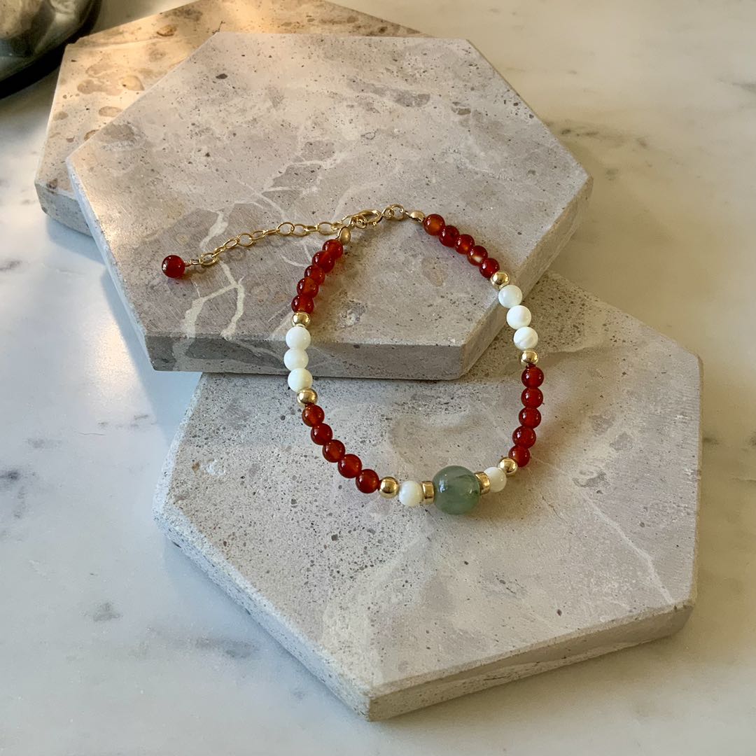 Jade - 8mm Jade and 4mm Red Onyx Beaded Gold Filled Bracelet