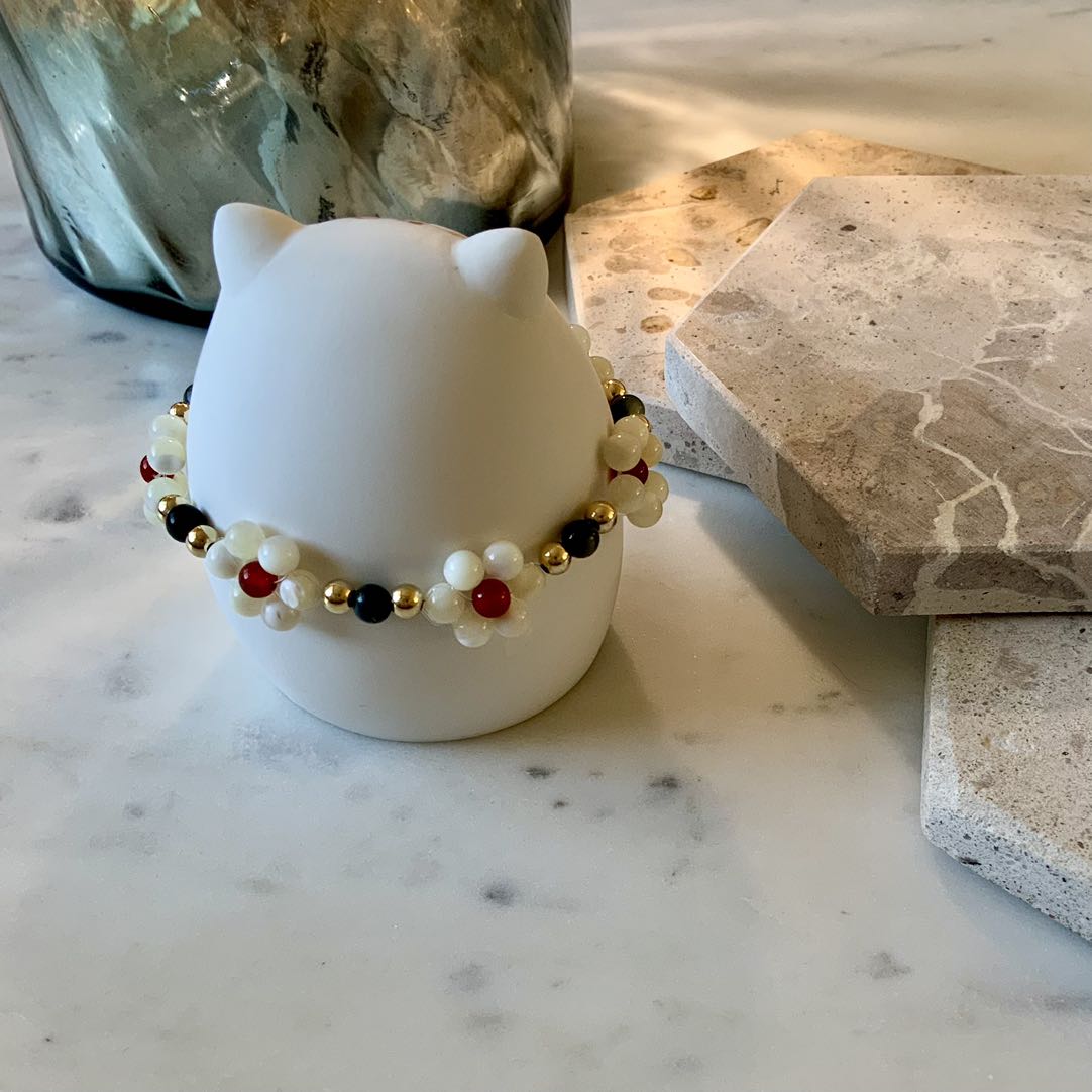 Daisy - Mother of Pearl, Tiger's Eye, and Red Onyx Gold Filled Beaded Bracelet