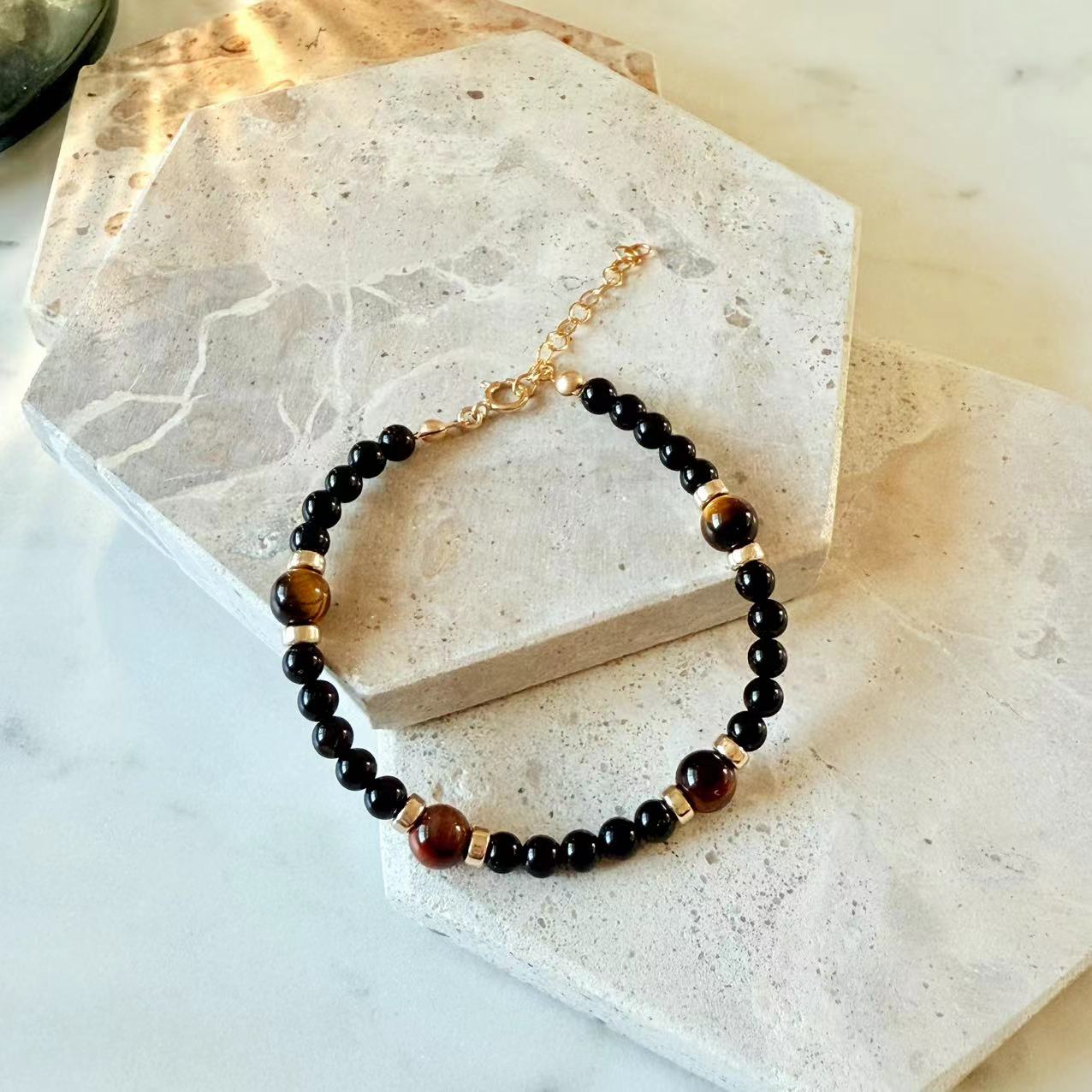 Prosperity - Black Onyx and Tiger's Eye Gold-Filled Beaded Bracelet