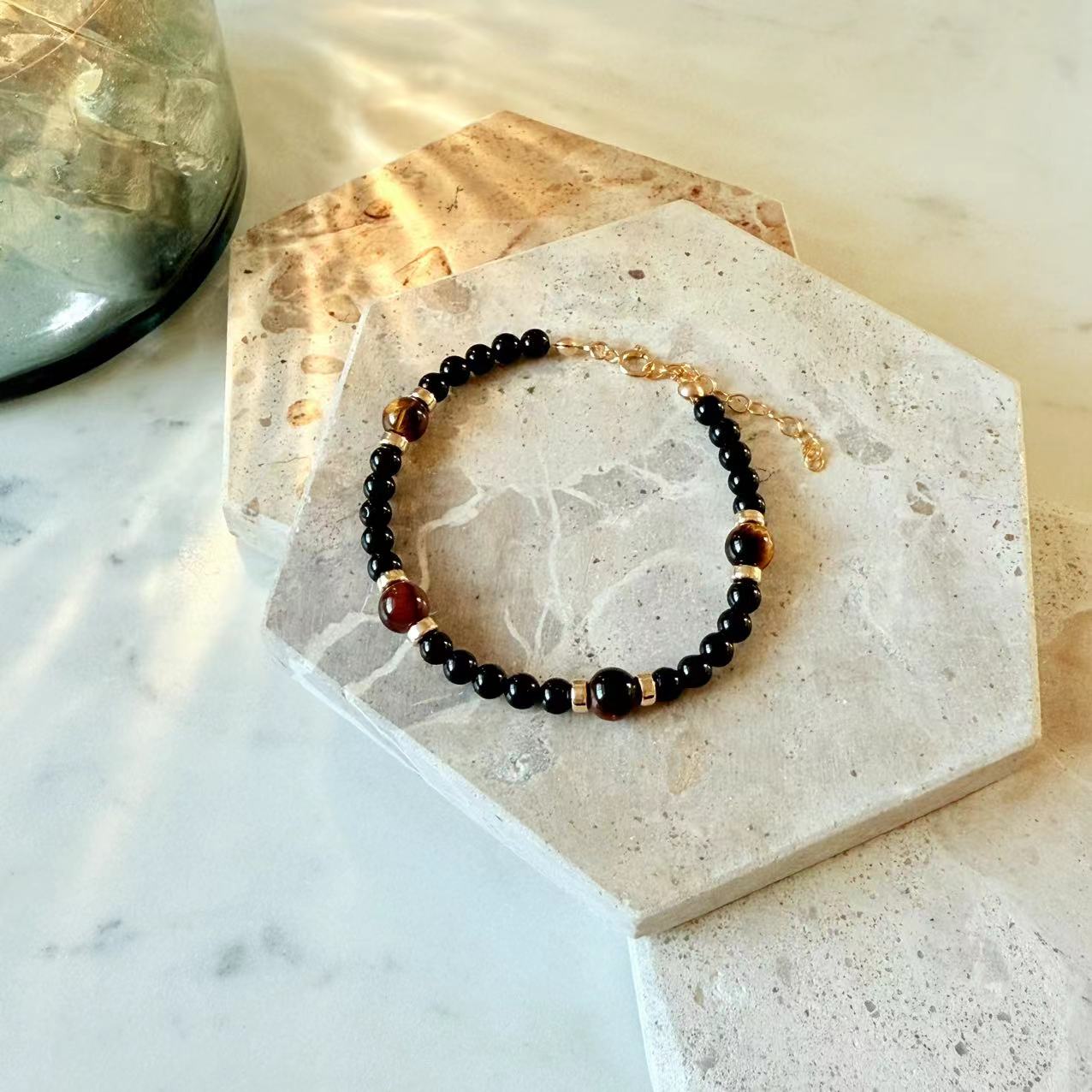 Prosperity - Black Onyx and Tiger's Eye Gold-Filled Beaded Bracelet