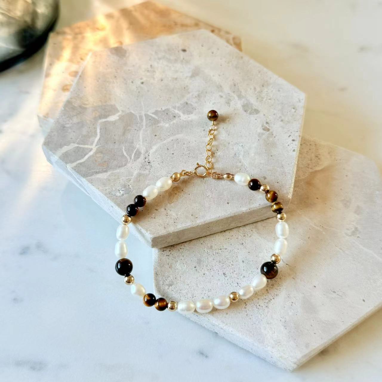 Prosperity - Tiger's Eye and Freshwater Pearl Gold-Filled Beaded Bracelet