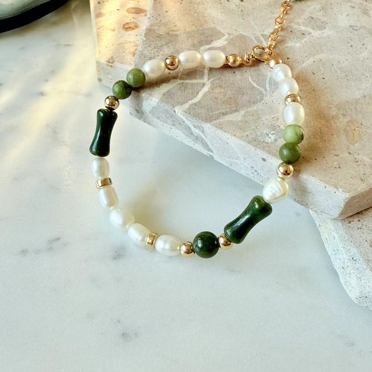 Jade - Natural Jade and Freshwater Pearl Beaded Gold-Filled Bracelet