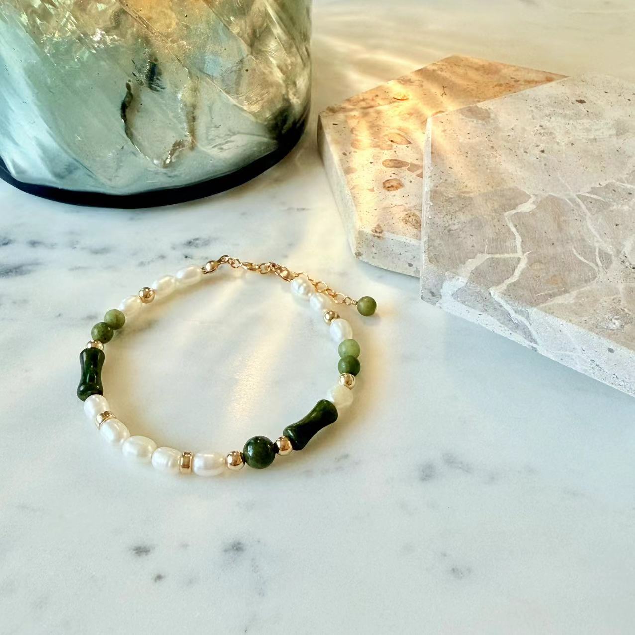 Jade - Natural Jade and Freshwater Pearl Beaded Gold-Filled Bracelet