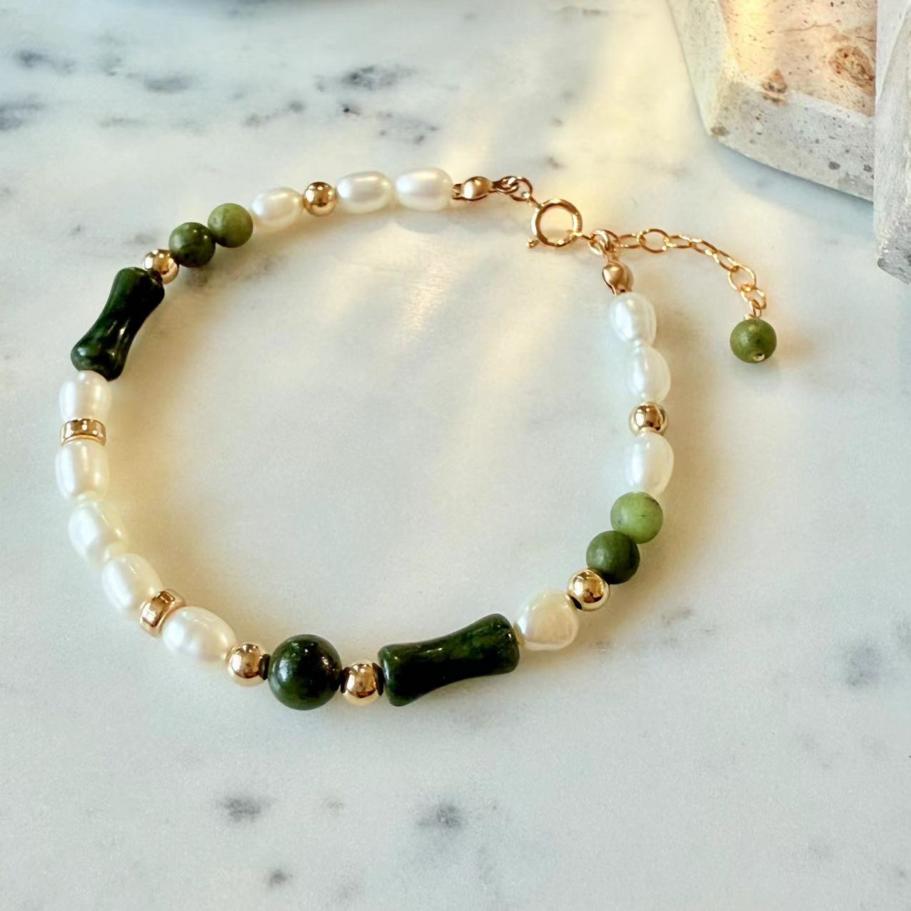 Jade - Natural Jade and Freshwater Pearl Beaded Gold-Filled Bracelet
