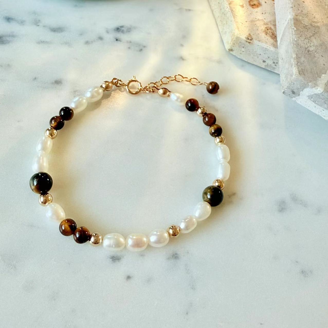 Prosperity - Tiger's Eye and Freshwater Pearl Gold-Filled Beaded Bracelet