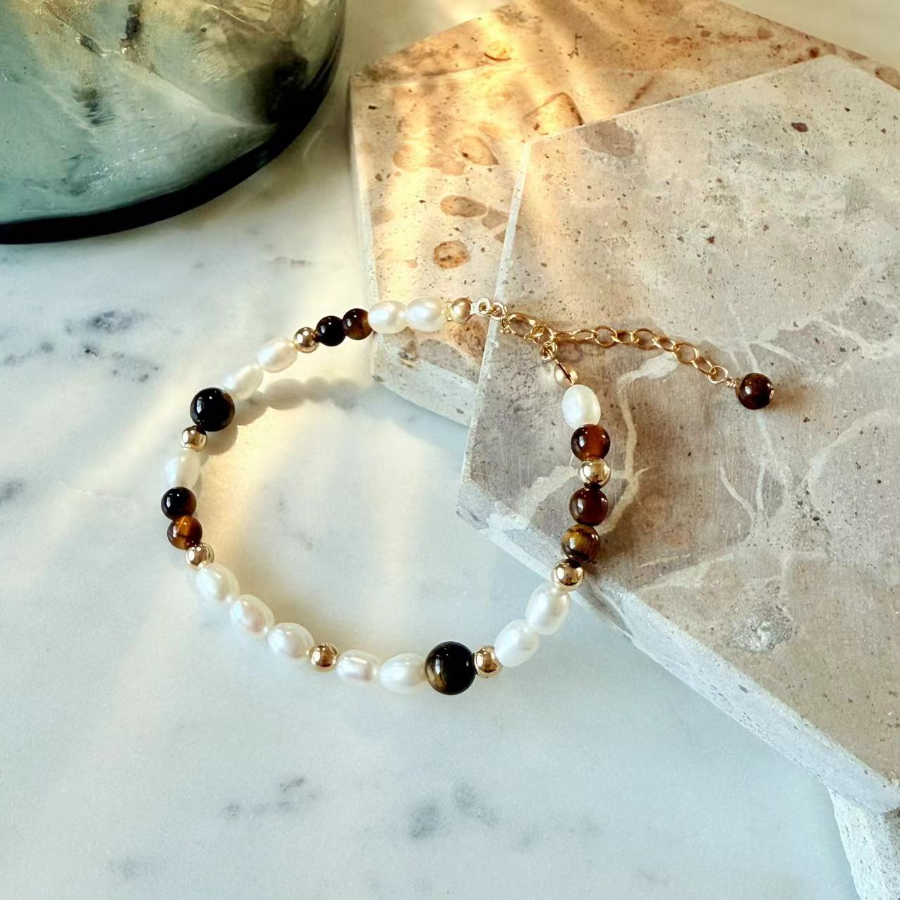Prosperity - Tiger's Eye and Freshwater Pearl Gold-Filled Beaded Bracelet