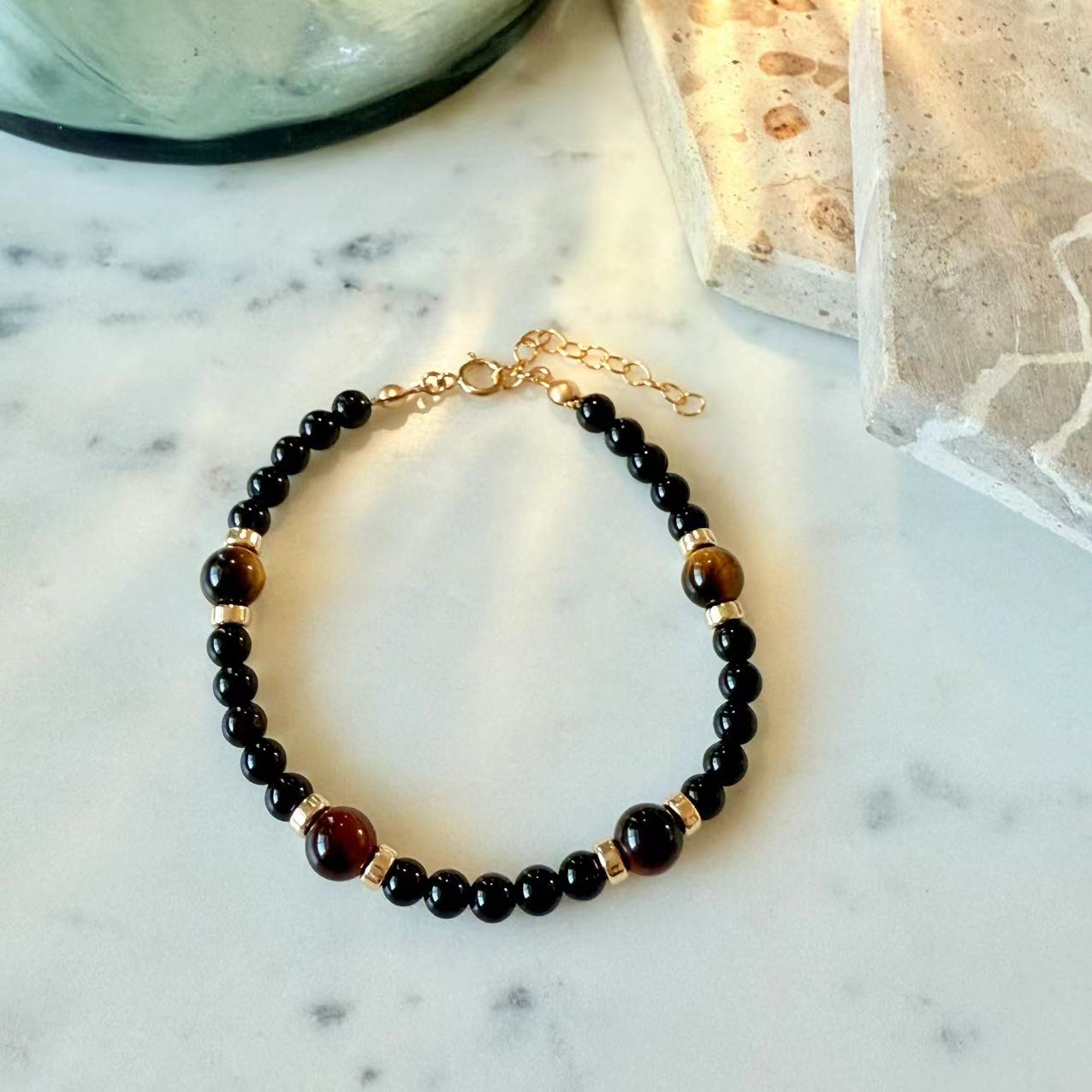 Prosperity - Black Onyx and Tiger's Eye Gold-Filled Beaded Bracelet