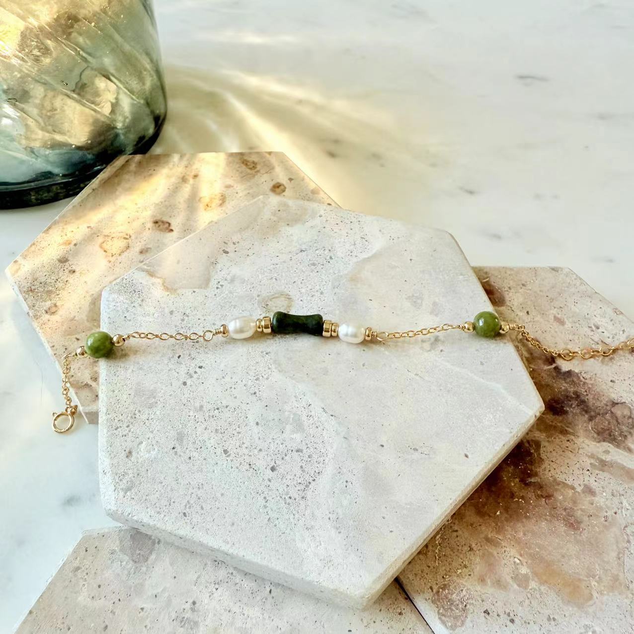 Jade - Natural Jade and Freshwater Pearl Station Gold-Filled Bracelet