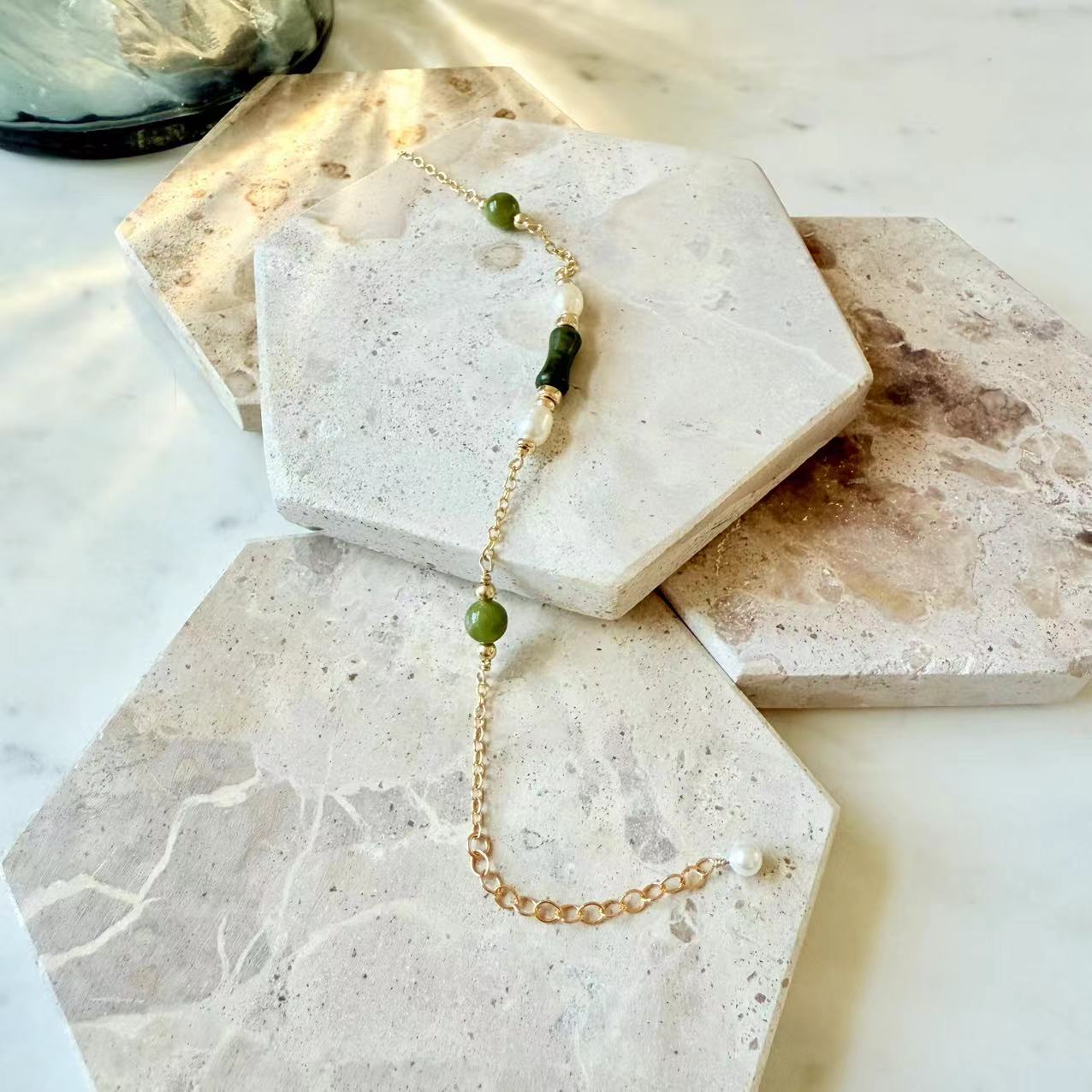 Jade - Natural Jade and Freshwater Pearl Station Gold-Filled Bracelet