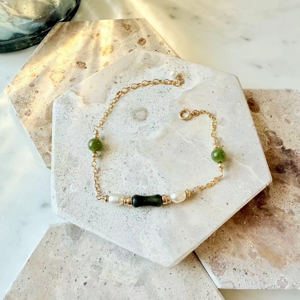 Jade - Natural Jade and Freshwater Pearl Station Gold-Filled Bracelet