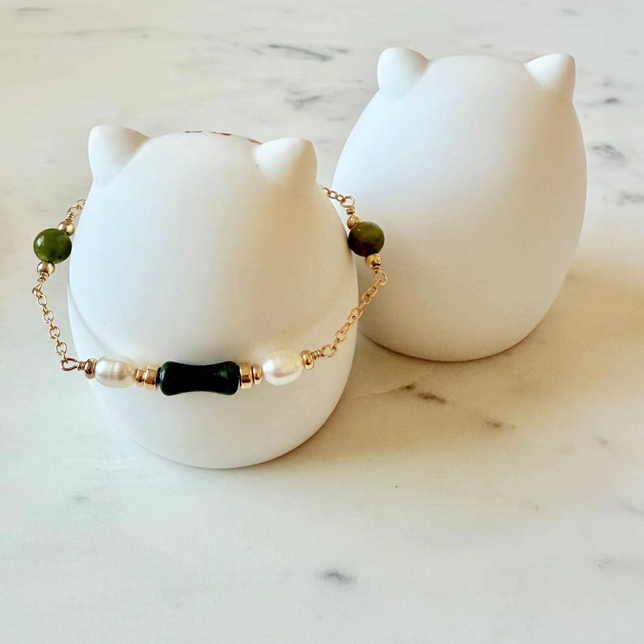 Jade - Natural Jade and Freshwater Pearl Station Gold-Filled Bracelet