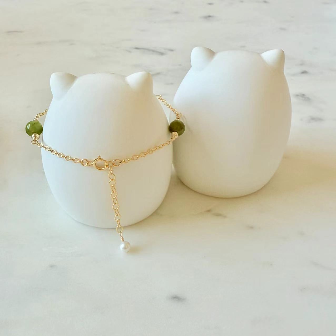 Jade - Natural Jade and Freshwater Pearl Station Gold-Filled Bracelet