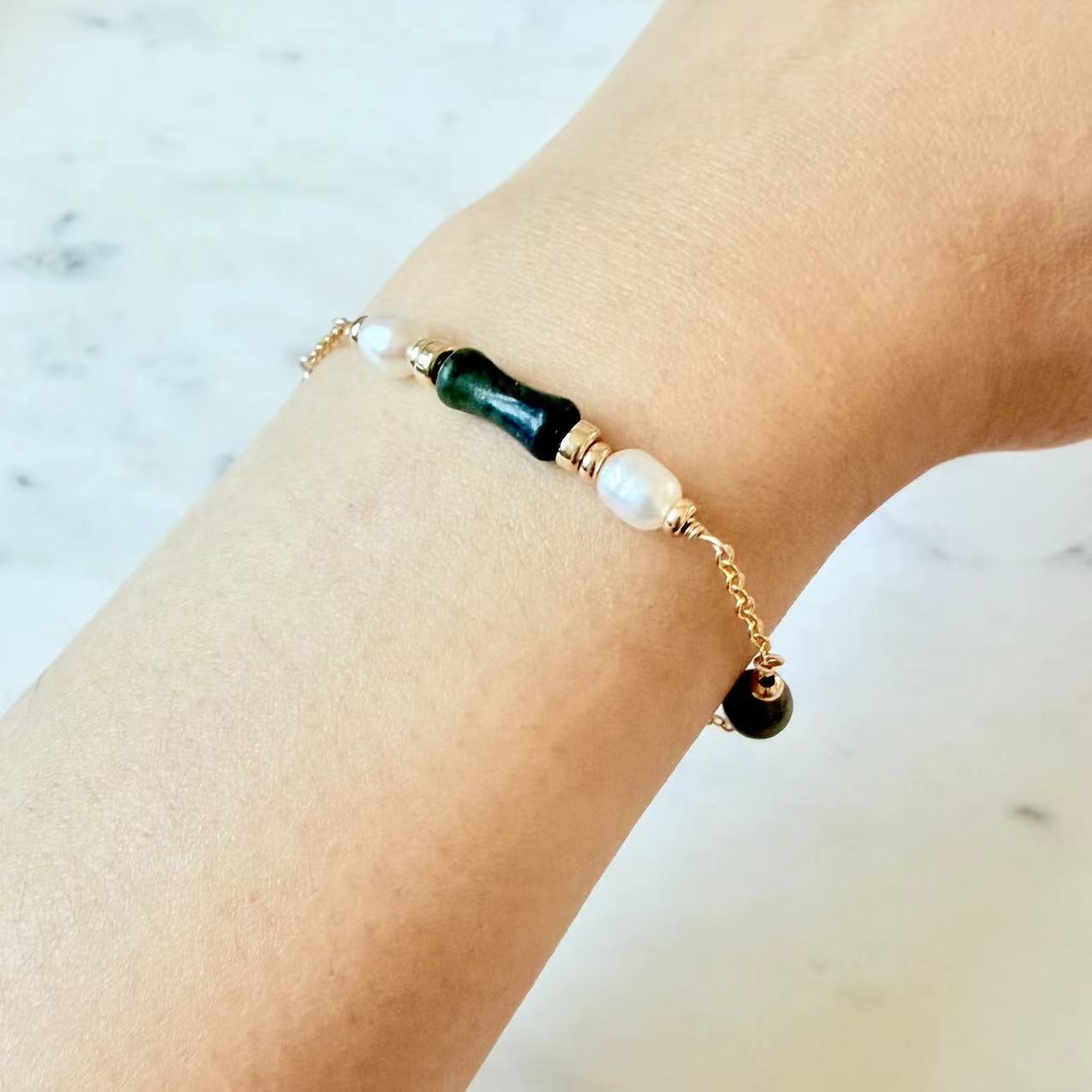 Jade - Natural Jade and Freshwater Pearl Station Gold-Filled Bracelet