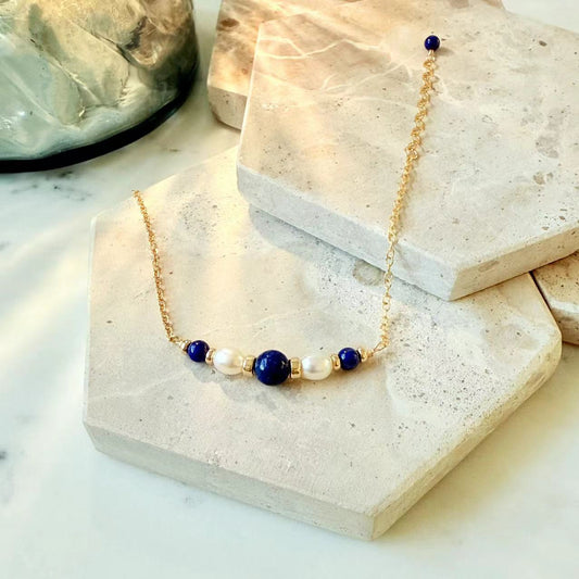 Art Deco - Lapis and Freshwater Pearl 14K Gold-Filled Bracelet