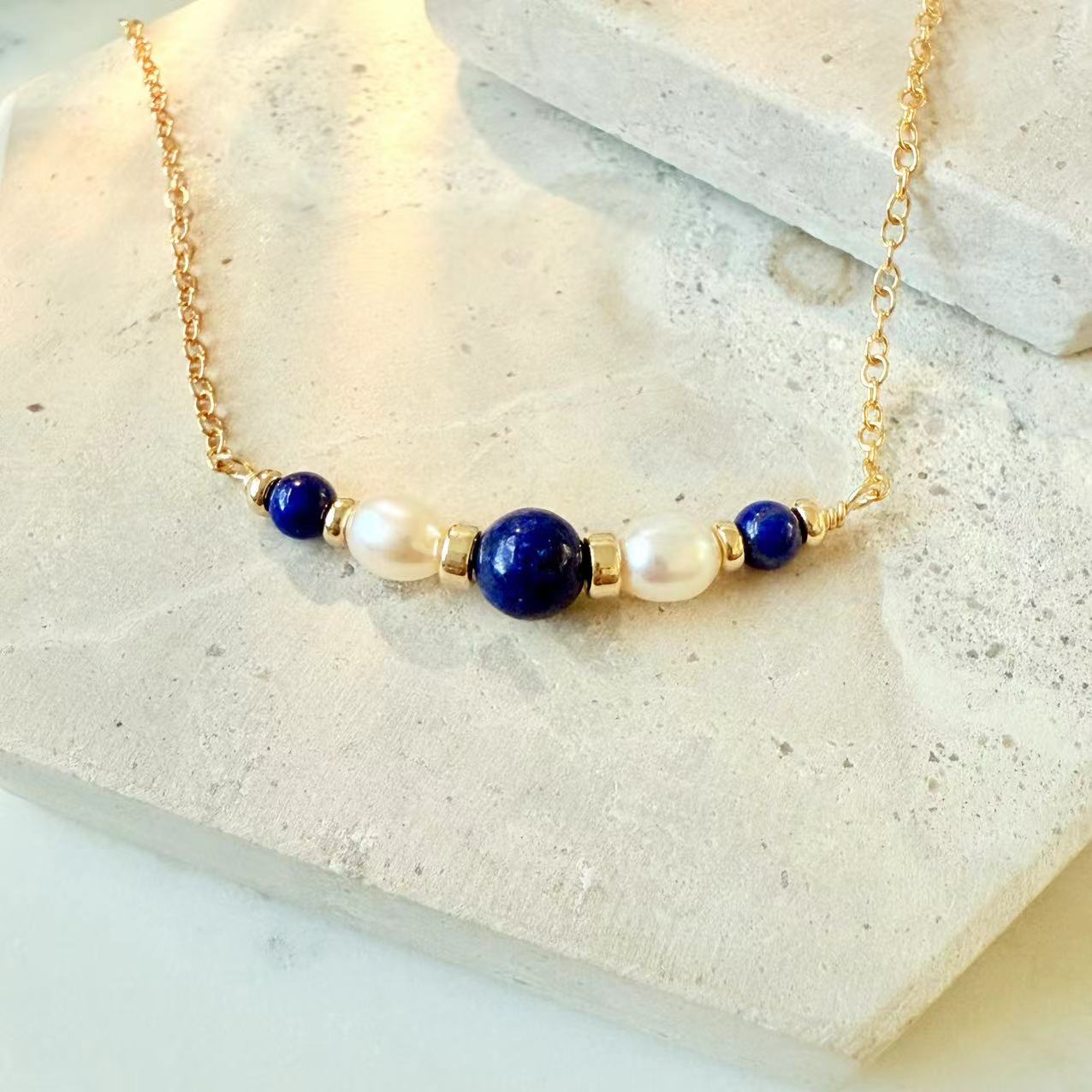 Art Deco - Lapis and Freshwater Pearl 14K Gold-Filled Bracelet