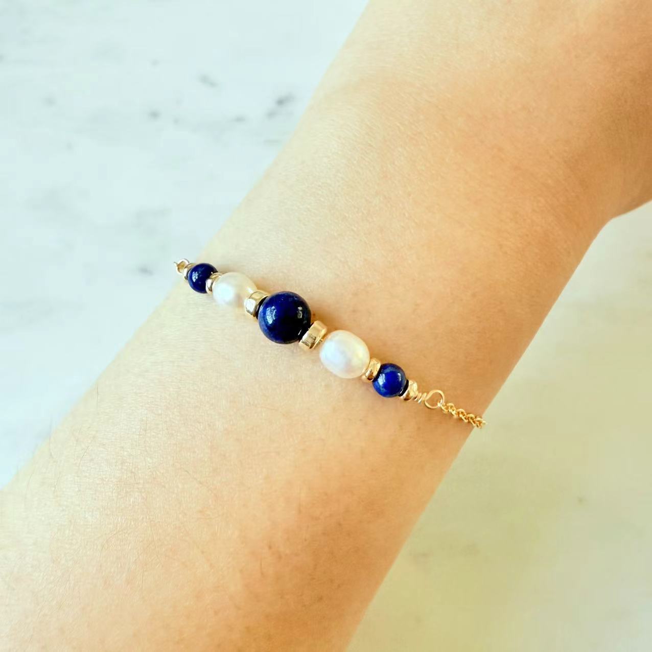 Art Deco - Lapis and Freshwater Pearl 14K Gold-Filled Bracelet
