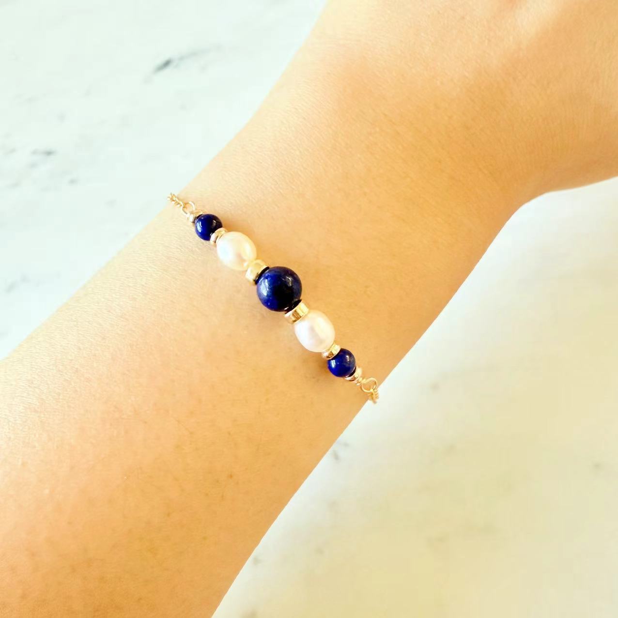 Art Deco - Lapis and Freshwater Pearl 14K Gold-Filled Bracelet