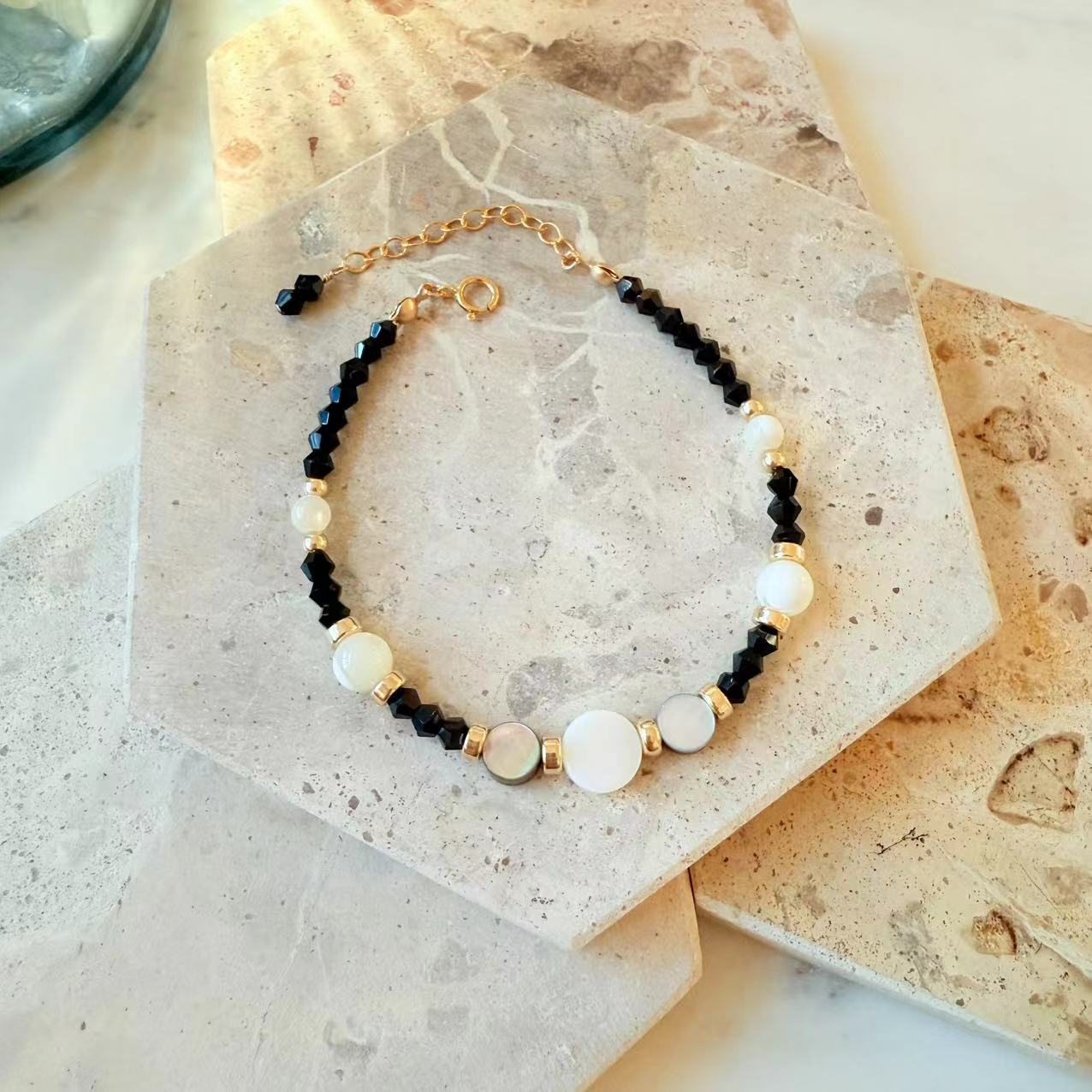 Art Deco - Black Spinel, Mother of Pearl, Black Shell Beaded 14K Gold-Filled Bracelet